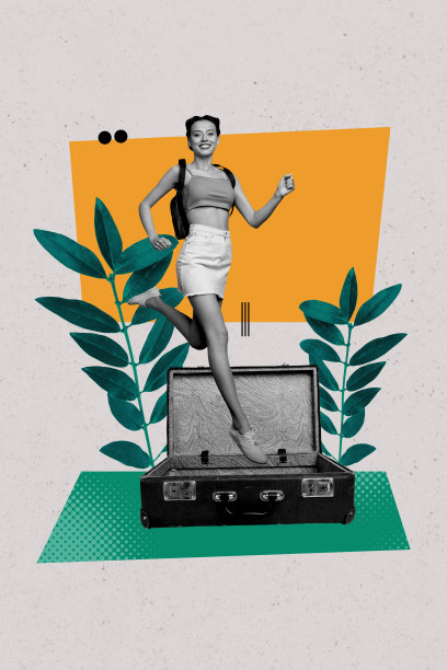 快乐女孩在空的行李箱旁奔跑的垂直照片拼贴，夏季准备，休息，叶子，植物，旅行，孤立在涂漆背景上。图片下载