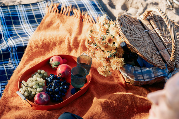 幸福美丽的情侣在秋天的公园享受秋季野餐。竖版照片图片下载