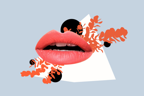 大型碎片面孔的复合3D照片拼贴设计趋势草图，丰满的嘴唇注射程序，肉毒杆菌，植物叶子轮廓图片下载