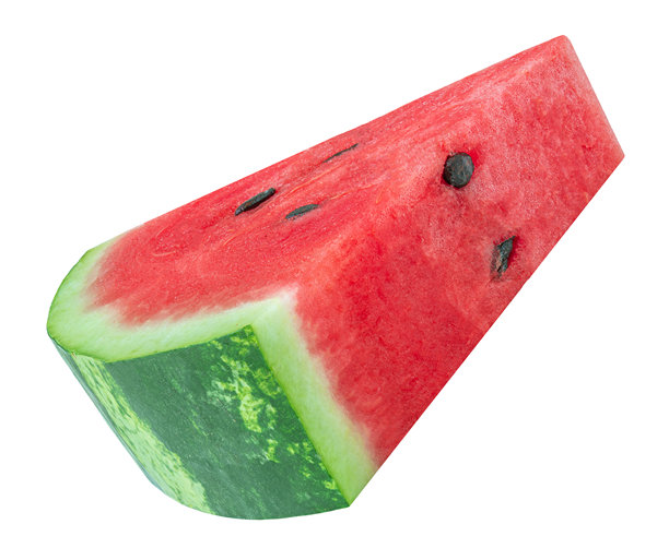飞翔的西瓜三角切片，带有种子，孤立在白色背景上。新鲜多汁的西瓜特写。西瓜水果真实照片。图片下载