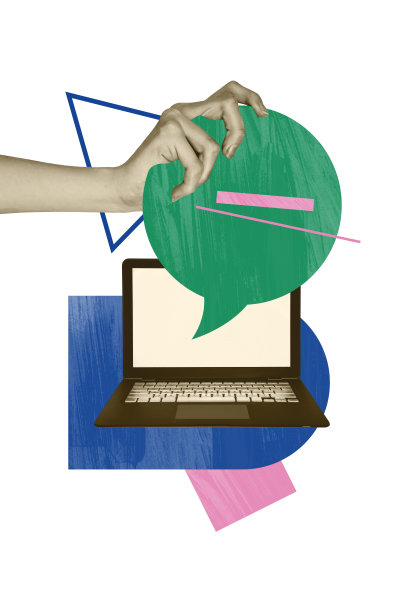 趋势复合素描模板照片拼贴，手握文本框消息，漫画笔记，打开的笔记本电脑显示聊天，留白对话。图片下载