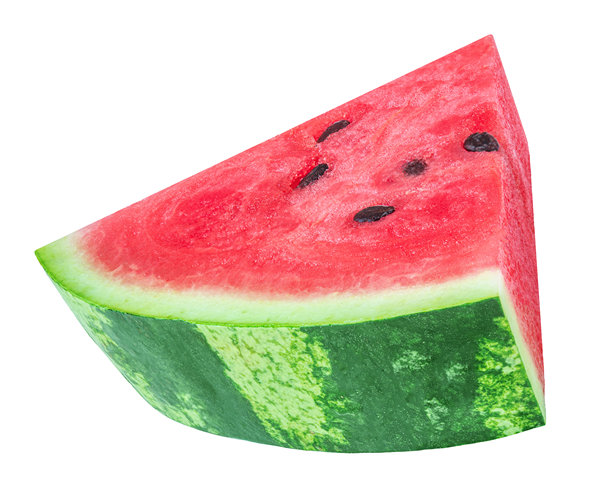 飞翔的西瓜三角切片，带有种子，孤立在白色背景上。新鲜多汁的西瓜特写。西瓜水果真实照片。图片下载