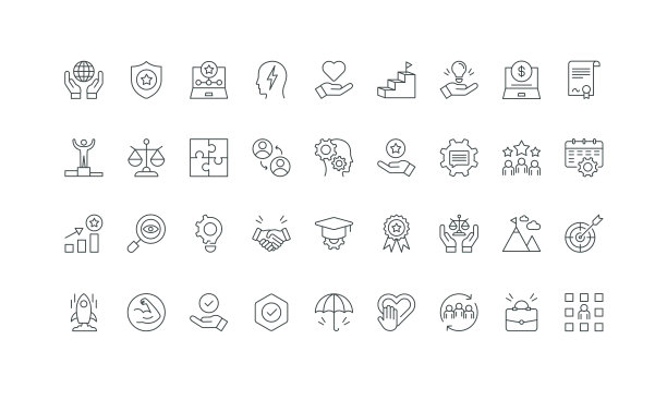 企业核心价值观与商业领袖、团队合作和创意线条图标集图片下载