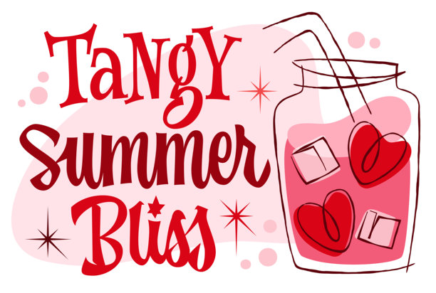 酸爽的夏日快乐。大胆的字母结合了俏皮的排版和复古的魅力。装饰中有一个装满冰块和心形图案的梅森罐。色调展示了鲜艳的红色、粉色和柔和的粉彩色。图片下载