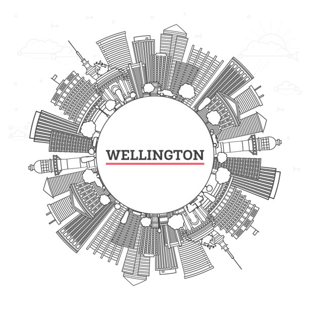 新西兰惠灵顿城市天际线轮廓，现代与历史建筑在白色背景上独立展示。插图。惠灵顿城市风景与地标，留有空白空间。图片下载