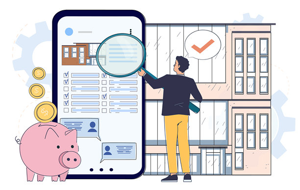 在线房地产代理。男人手持放大镜，靠近智能手机和建筑物。房地产经纪人选择公寓、别墅和联排别墅。房地产和私人财产交易。线性矢量插图。图片下载