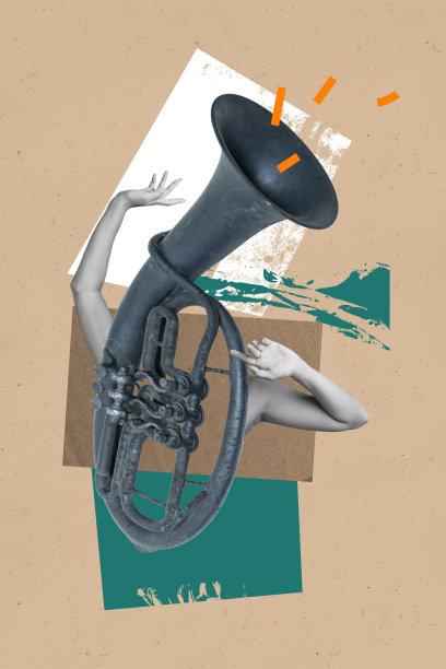 时尚艺术创意竖版照片拼贴，展示匿名女孩与音乐管弦乐表演的复古蓝调场合图片下载