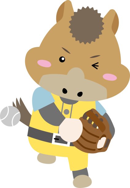 可爱的马角色在打棒球，戴着手套 - 马年插图 / 插图素材（矢量插图）图片下载