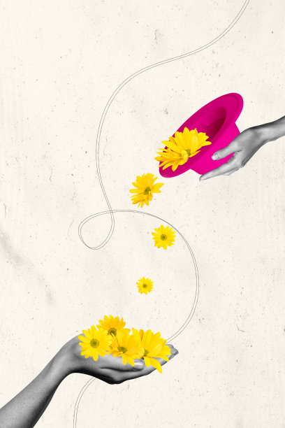 趋势艺术作品合成素描图像照片拼贴，超现实空间春季自然，黄色雏菊在帽子里，手抓住秋天。图片下载