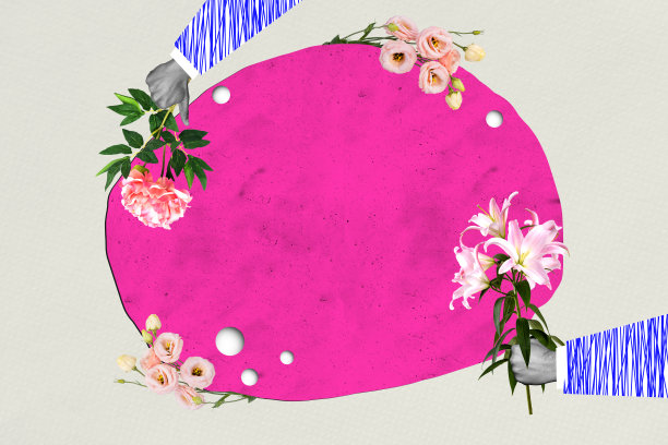 手部拼贴照片，选择春季盛开的花朵，如洋桔梗、百合和牡丹，节日问候，背景为涂鸦风格。图片下载