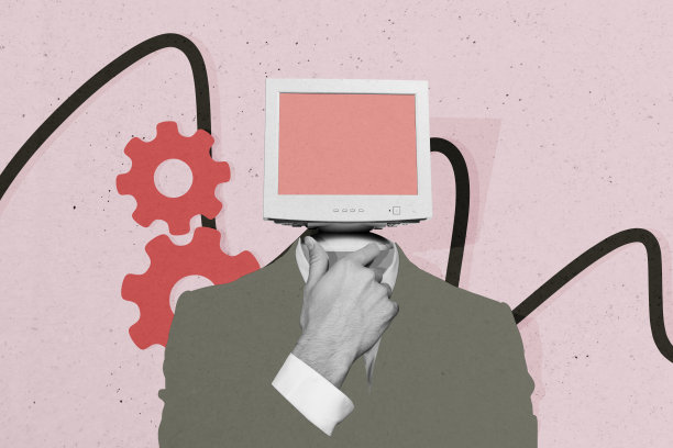 思考商业策略的男子头部被电脑显示器替代的合成照片拼贴，背景为涂鸦风格。图片下载