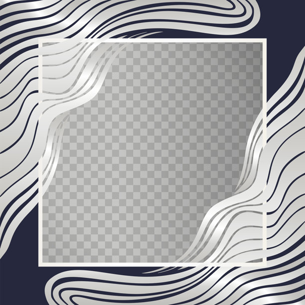 优雅的波浪条纹边框，带有金属银和海军蓝线，环绕透明照片区域。非常适合邀请函、横幅和活动海报。奢华的抽象平面矢量插图。图片下载
