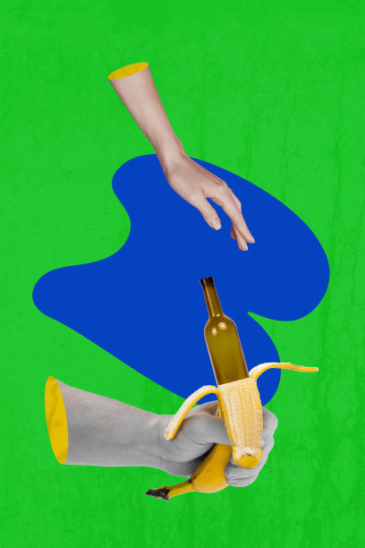 垂直照片拼贴，手握香蕉果皮和酒瓶，饮料、酒精成瘾，孤立在涂鸦背景上。图片下载