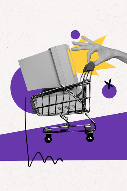 趋势艺术作品合成素描图像照片拼贴，展示送货服务、手持市场推车、销售买家和过时的计算机显示器。图片下载