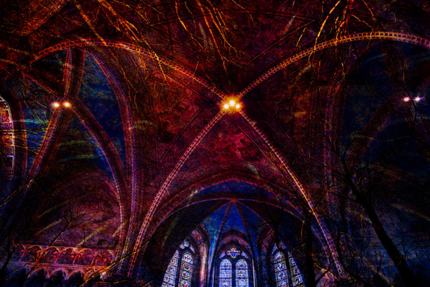 一幅超现实的照片拼贴，展示了亚西西的圣方济各教堂内部与黑暗、有机质感和发光灯光的融合。图片下载