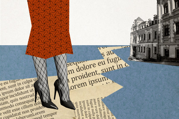 女性腿部的拼贴照片，穿着正式裙子、网状丝袜和高跟鞋，城市探险艺术画廊，背景为涂鸦风格。图片下载