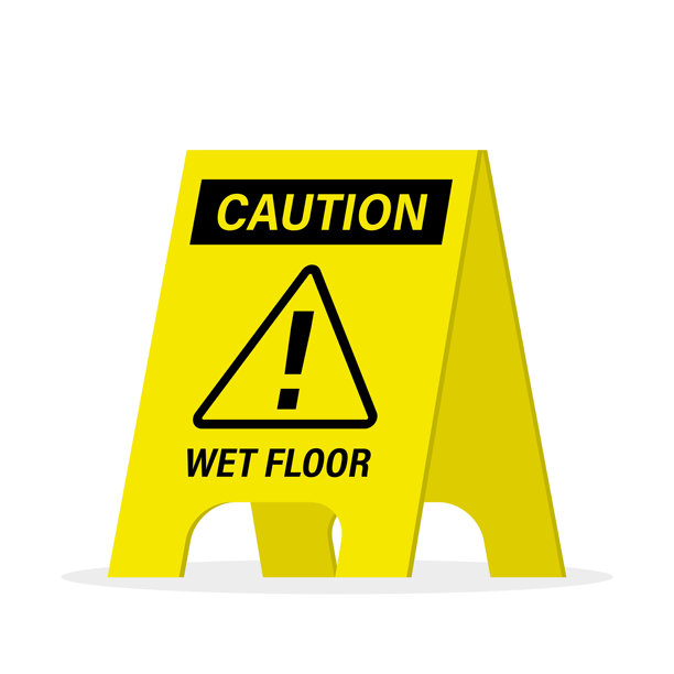 小心湿滑地面，清洁后滑倒危险。光滑地面的图标，白色背景上的可打印标志模板。图片下载
