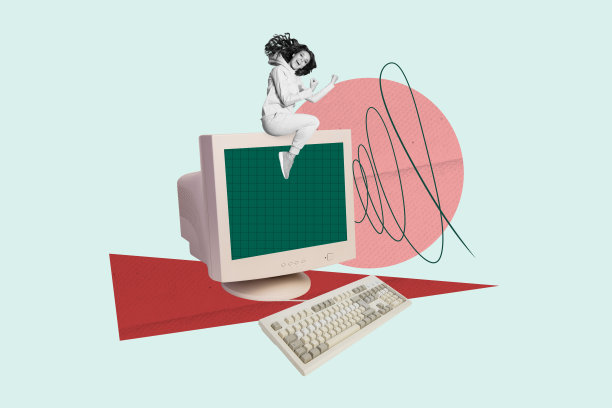 创意杂志风格的照片拼贴，展示快乐的男商人和女商人在办公室工作场所站在电脑显示器和键盘旁，体现自由职业者的工作热情。图片下载