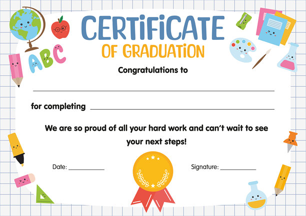 儿童毕业证书，儿童感谢证书。小学、幼儿园、课程、项目毕业。儿童文凭模板，适用于学校、学前班、幼儿园、学习、夏令营。图片下载