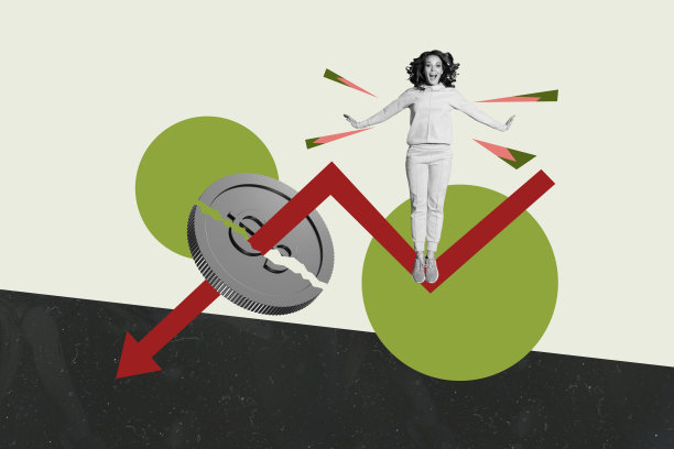 时尚海报杂志照片拼贴，快乐的男商人和女商人站在箭头下滑、美元通货膨胀、硬币崩溃的经济背景前。图片下载