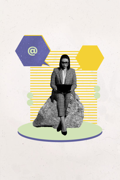 快乐女孩和男孩手持笔记本电脑，打字交流，图标包括邮件对话和网络连接的竖版照片拼贴艺术图像图片下载