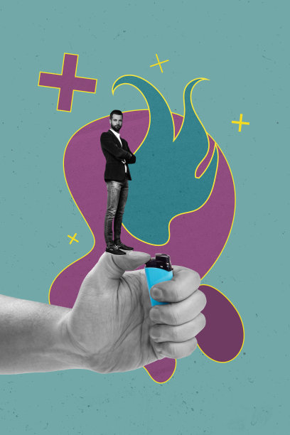 艺术图像，垂直照片拼贴，快乐的女孩和男孩手牵手，闪烁的火焰燃烧，照亮能量，点燃热情火花。图片下载