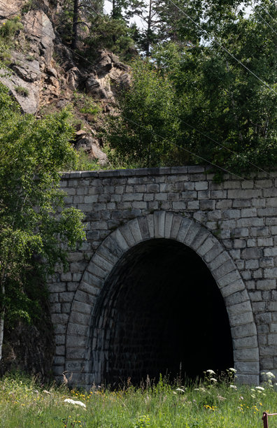 被高草覆盖的石头隧道入口。自然照片图片下载