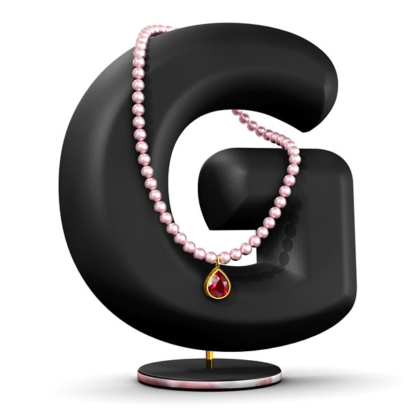 3D渲染的粉色珍珠项链挂在字母G形状的黑色皮革珠宝模特上，背景为白色。图片下载