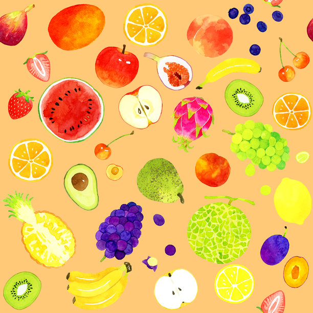 色彩缤纷的水果无缝图案。手绘水彩插图背景素材。图片下载