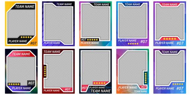 一套现代且色彩丰富的运动交易卡模板，带有透明的照片自定义占位符。包括可编辑的球员和球队名称区域、号码标签和评分星星。图片下载