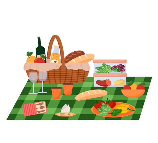 野餐毯和装有食物的篮子。葡萄酒、面包、法棍和水果。酒杯和杯子。装有蔬菜的盘子 - 西红柿、辣椒和沙拉。装有苹果的碗。餐具。装有奶酪和香肠的容器。自然中的野餐插图。图片下载