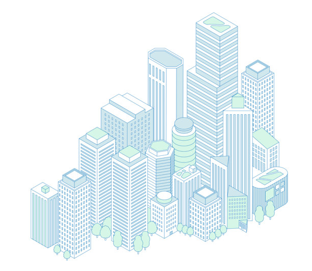 等距城市插图。摩天大楼的城市景观。办公和商业建筑。图片下载