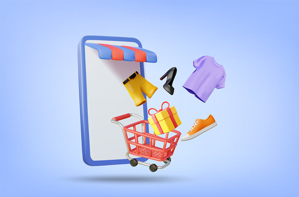 3D矢量插图渲染在线商店在手机屏幕上。购物车漂浮在屏幕上，里面有礼品盒、衣服和鞋子。通过购物应用程序购物各种产品的概念。图片下载