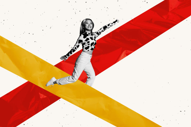 亚洲年轻女性微笑跑步的3D照片拼贴艺术作品模板，展示目标、路线规划和留白空间。图片下载