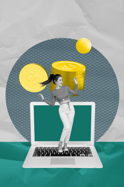 流行艺术杂志风格的照片拼贴，展示快乐的女商人站在笔记本电脑键盘前，象征自由职业者的收入、美元硬币、金钱、利润与成功。图片下载