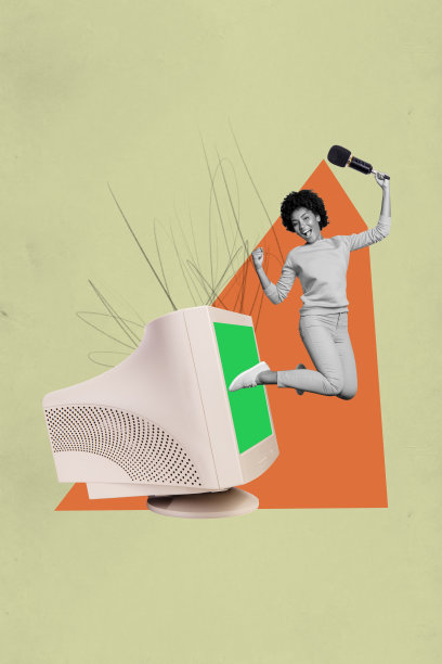 时尚艺术创意杂志照片拼贴，快乐的女孩和男孩携带麦克风，报道简报，电脑显示器，办公室播客，卡拉OK图片下载