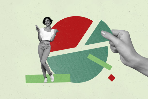 3D海报图像杂志照片拼贴，兴奋的男商人和女商人站在图表元素发展进度统计旁边图片下载