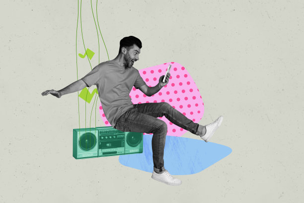 时尚海报艺术照片拼贴，快乐的男孩女孩在庆祝活动中聆听音乐，享受音响播放器的旋律，轻松派对播放列表图片下载