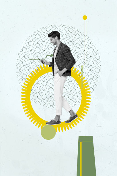 3D海报图像，杂志照片拼贴，兴奋的男商人和女商人站在齿轮图表前，展示发展进度统计数据。图片下载