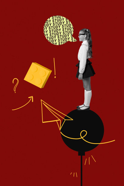 快乐的女学生站在箭头指示气泡旁的竖版照片拼贴，学习概念，教育极客，拼图块图片下载