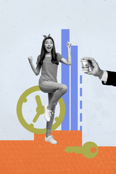 垂直艺术创意杂志照片拼贴，快乐的女孩和男孩，工作狂，运行图表，发展箭头，时间钟表，截止日期图片下载