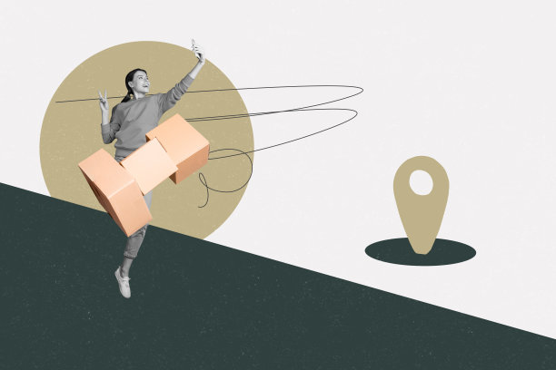 时尚艺术创意全彩杂志照片拼贴，快乐的女孩和男孩站在快递服务的箱子旁，地理位置图标，快速进口分发图片下载