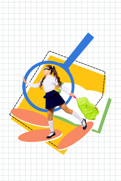 海报趋势草图模板 3D 照片拼贴，穿着校服的年轻女孩走路，手持背包和放大镜，学术背景，课堂，大学课程图片下载