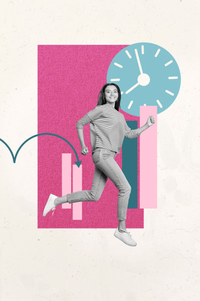 垂直艺术创意杂志照片拼贴，快乐的女孩和男孩，工作狂，运行图表，发展箭头，时间钟表，截止日期图片下载