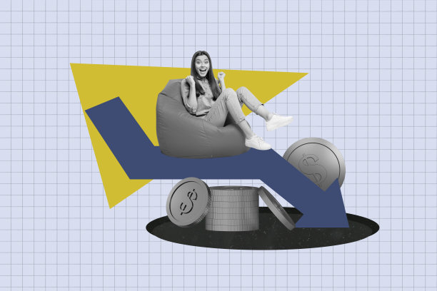 波普艺术风格的完整杂志照片拼贴，展示快乐的男商人和女商人站在箭头下滑、美元通货膨胀、硬币崩溃的经济背景前。图片下载