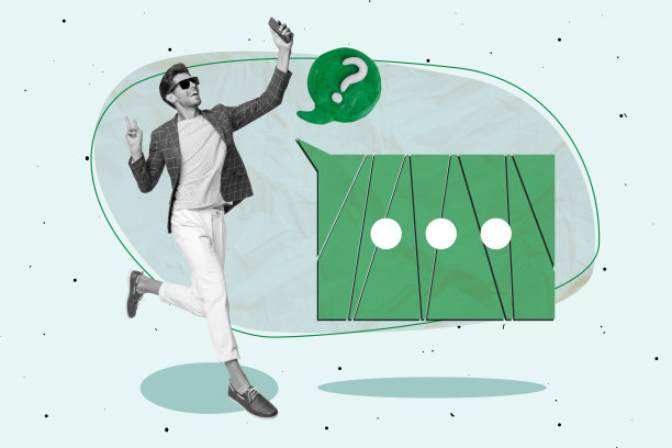 时尚的全景艺术照片拼贴，快乐的女孩和男孩站在一起，气泡中有交流、问号、思考、创意和喋喋不休的对话。图片下载