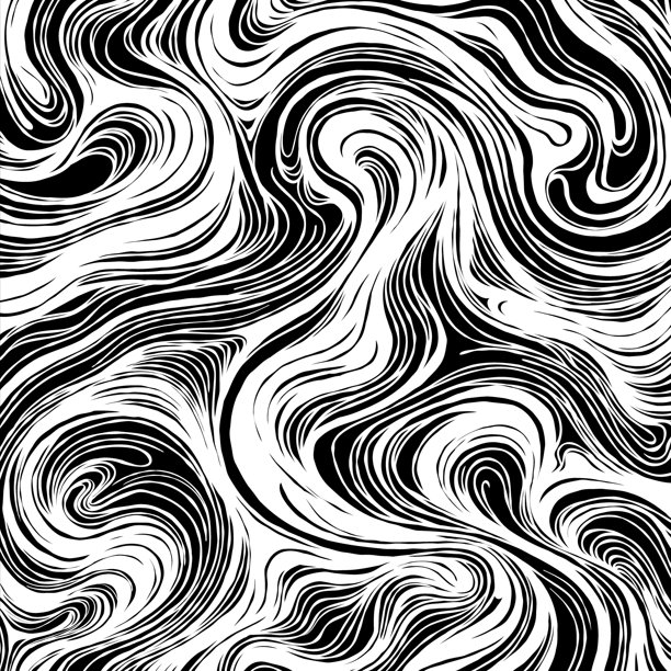 抽象的黑白大理石图案，带有曲线流动的线条和催眠般的漩涡。无缝背景非常适合用于面料、壁纸、印刷和现代表面设计。图片下载