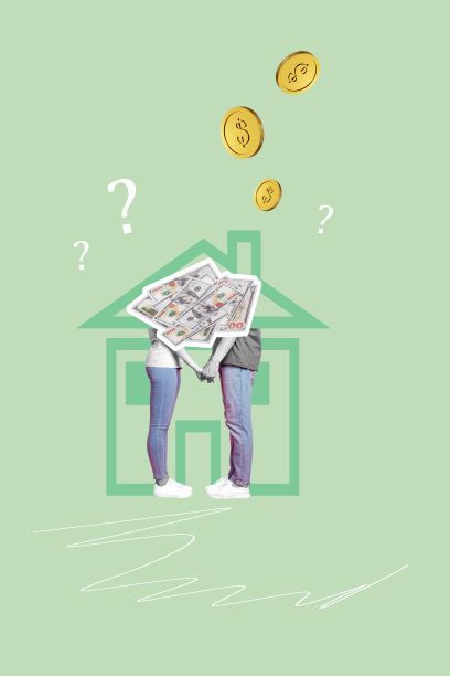 房地产抵押贷款代理人身体腿部站立，手握在一起的家庭购买房屋，硬币和钞票的3D照片拼贴设计图片下载