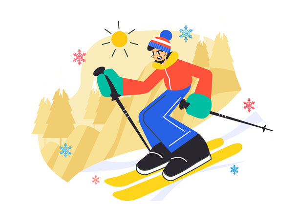 滑雪矢量插图，展示滑雪者在滑雪胜地的雪山上滑行，背景为冬季运动活动的扁平风格。图片下载