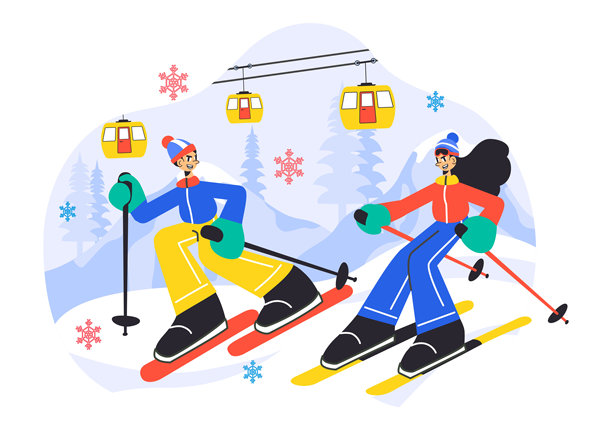 滑雪矢量插图，展示滑雪者在滑雪胜地的雪山上滑行，背景为冬季运动活动的扁平风格。图片下载